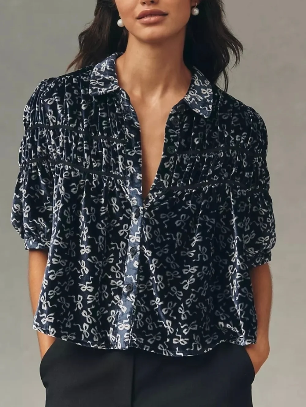 Anthropologie Navy Velvet Button-Front Bow Print Blouse